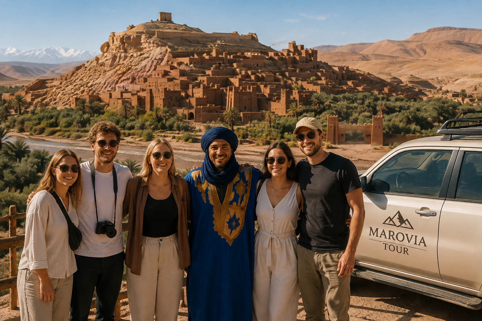 Guide Marovia Tour en tenue traditionnelle avec un dromadaire dans le sud du Maroc