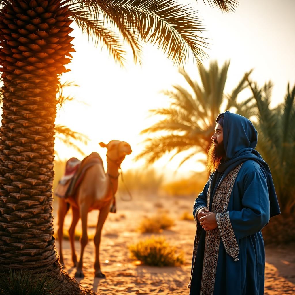 Guide berbère en tenue bleue avec un dromadaire près d'une palmeraie