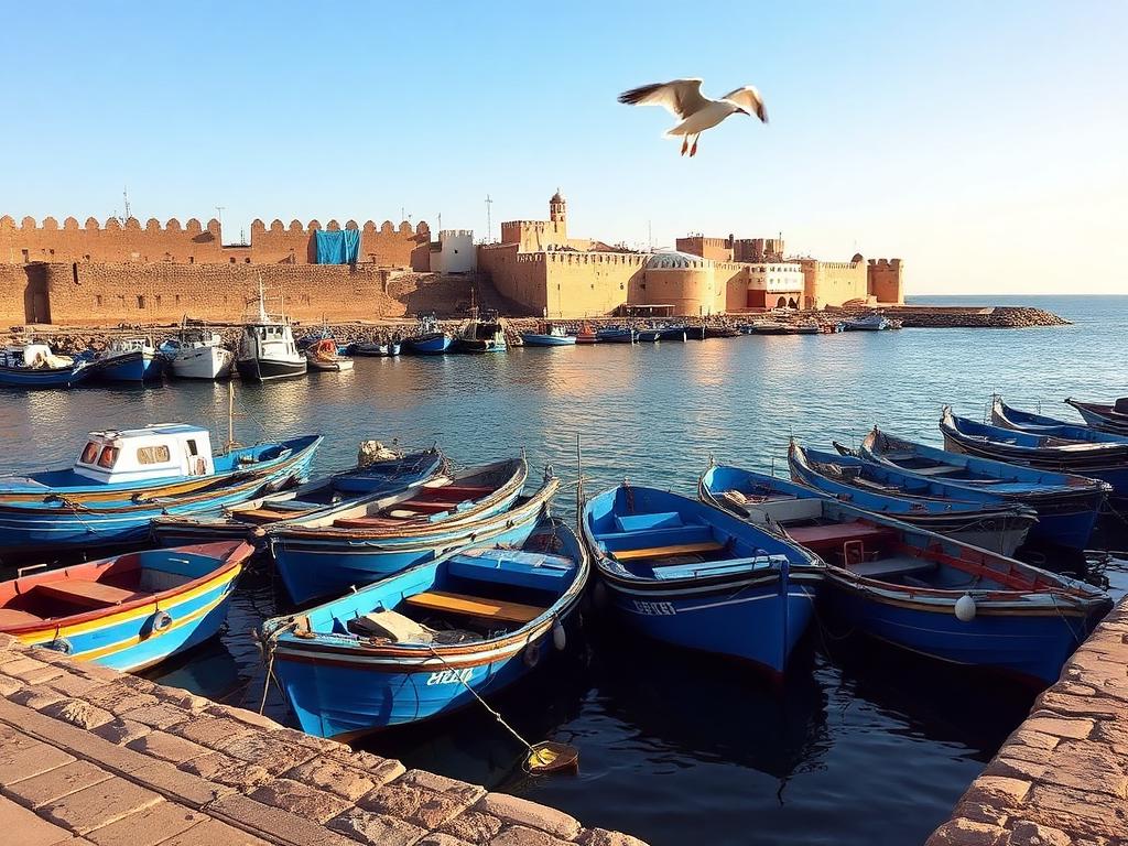 Barques de pêche bleues dans le port d'Essaouira sous les anciens remparts