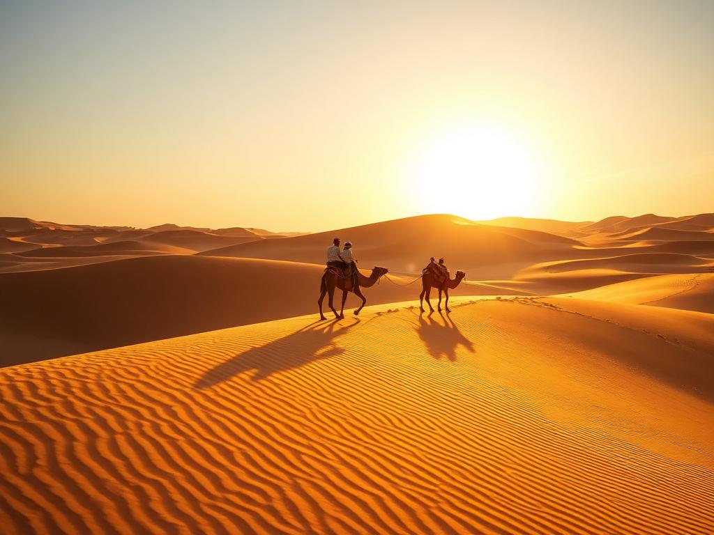Caravane de dromadaires traversant les dunes dorées de l'Erg Chebbi au coucher du soleil près de Merzouga